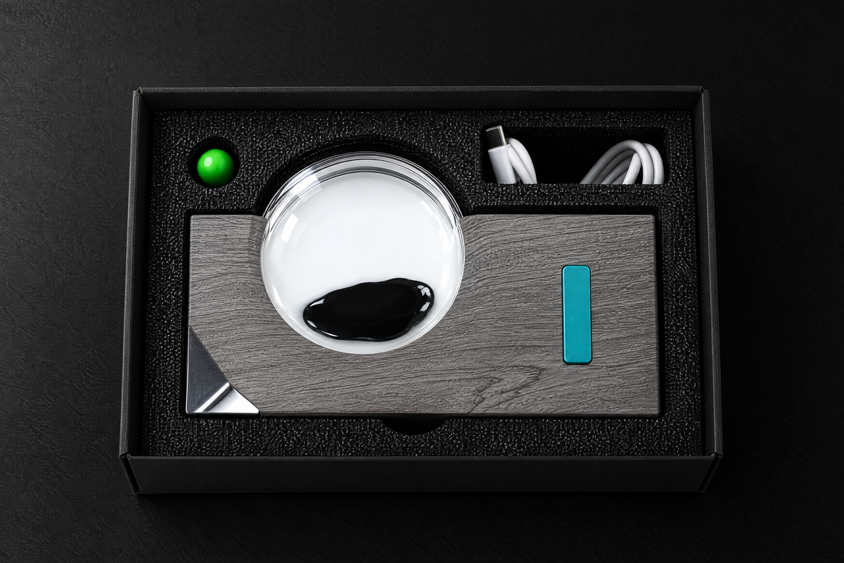 Fluxus gray ferrofluid display in its fitted box with a USB cable and small green magnet