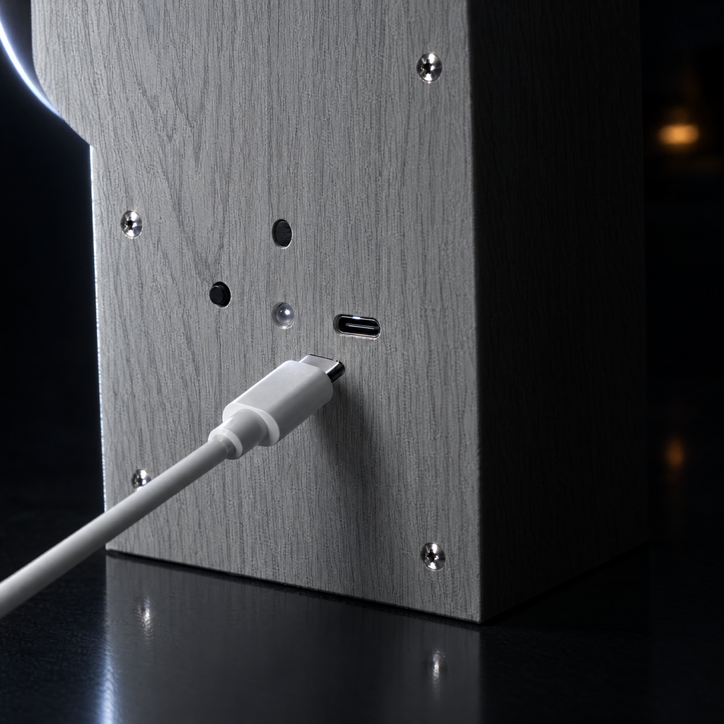 Rear controls and USB-C port on Fluxus, with a cable shown for connection demonstration