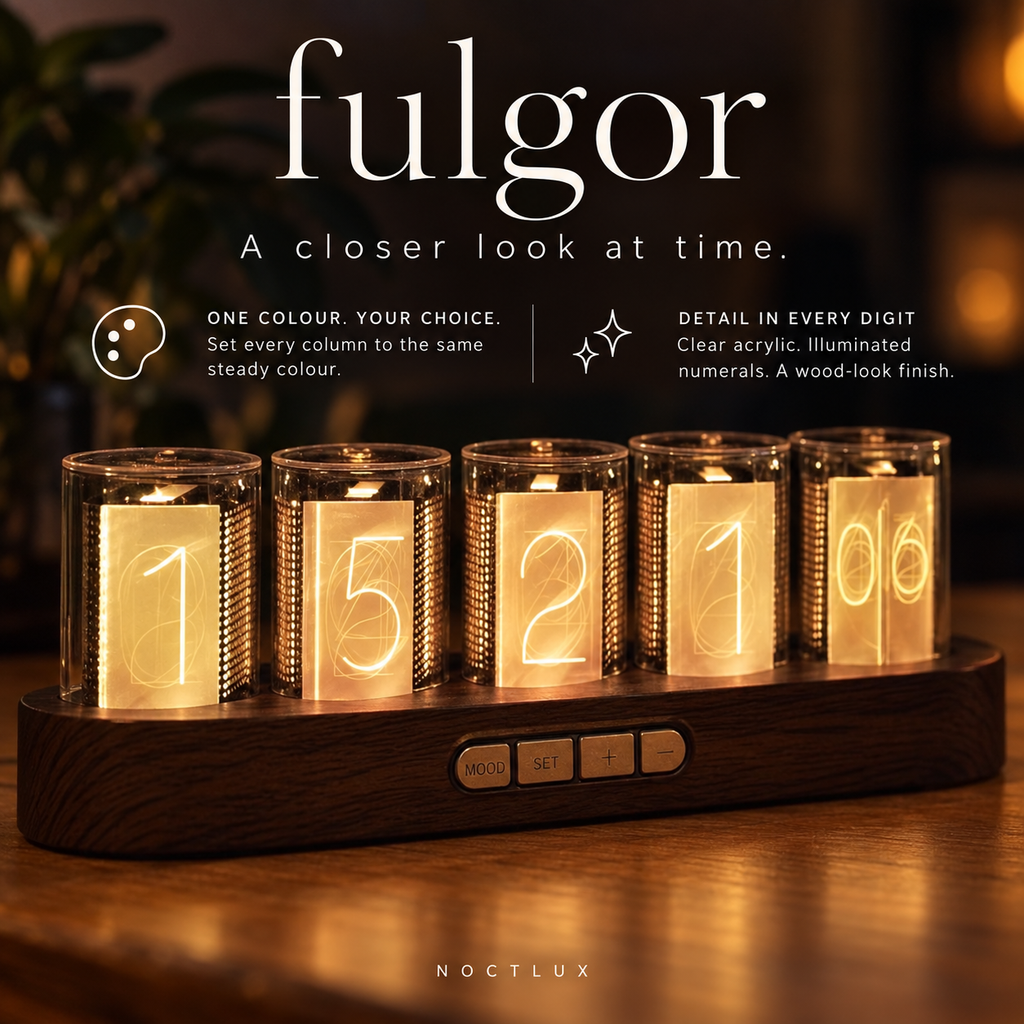 Close-up of Fulgor in Wood Grain with five acrylic columns glowing steady amber and four visible controls.