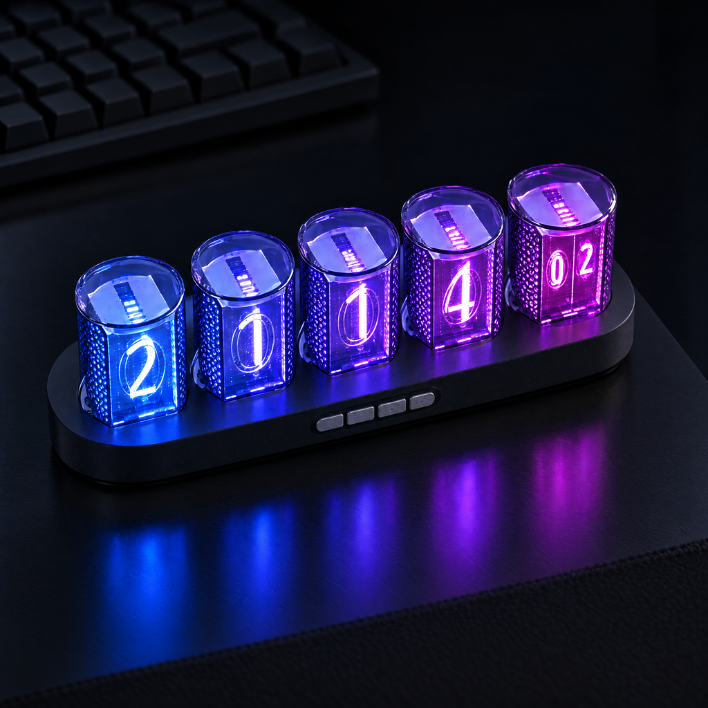 Fulgor colour-changing desk clock in black, five tubes lit in a blue to purple gradient on a dark desk