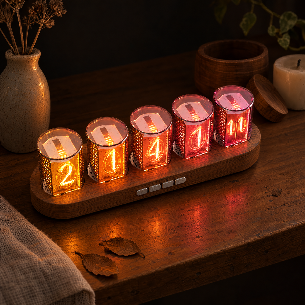 Fulgor colour-changing desk clock in the wood-look finish, five tubes lit in a warm amber to rose gradient on a shelf