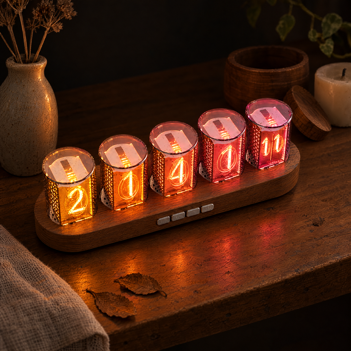 Fulgor colour-changing desk clock in the wood-look finish, five tubes lit in a warm amber to rose gradient on a shelf