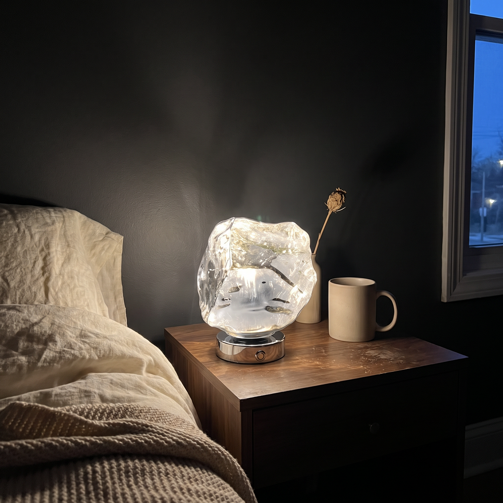 Glacia rock-cut glass table lamp in clear silver, lit on a walnut nightstand in a dark bedroom