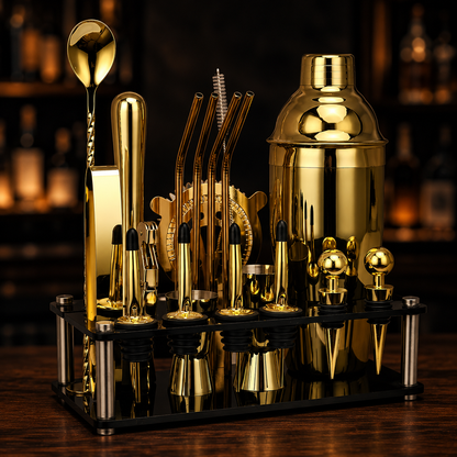 20-Piece Black Cocktail Shaker Set with Stand