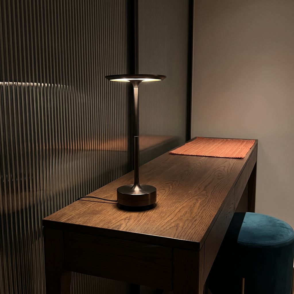Gunmetal black Halo Disc table lamp on a console