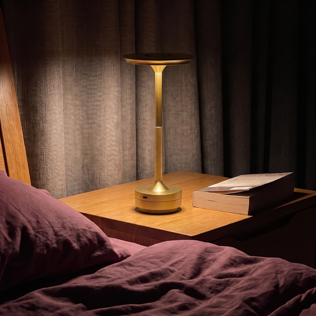 Bright gold Halo Disc table lamp on a bedroom side table