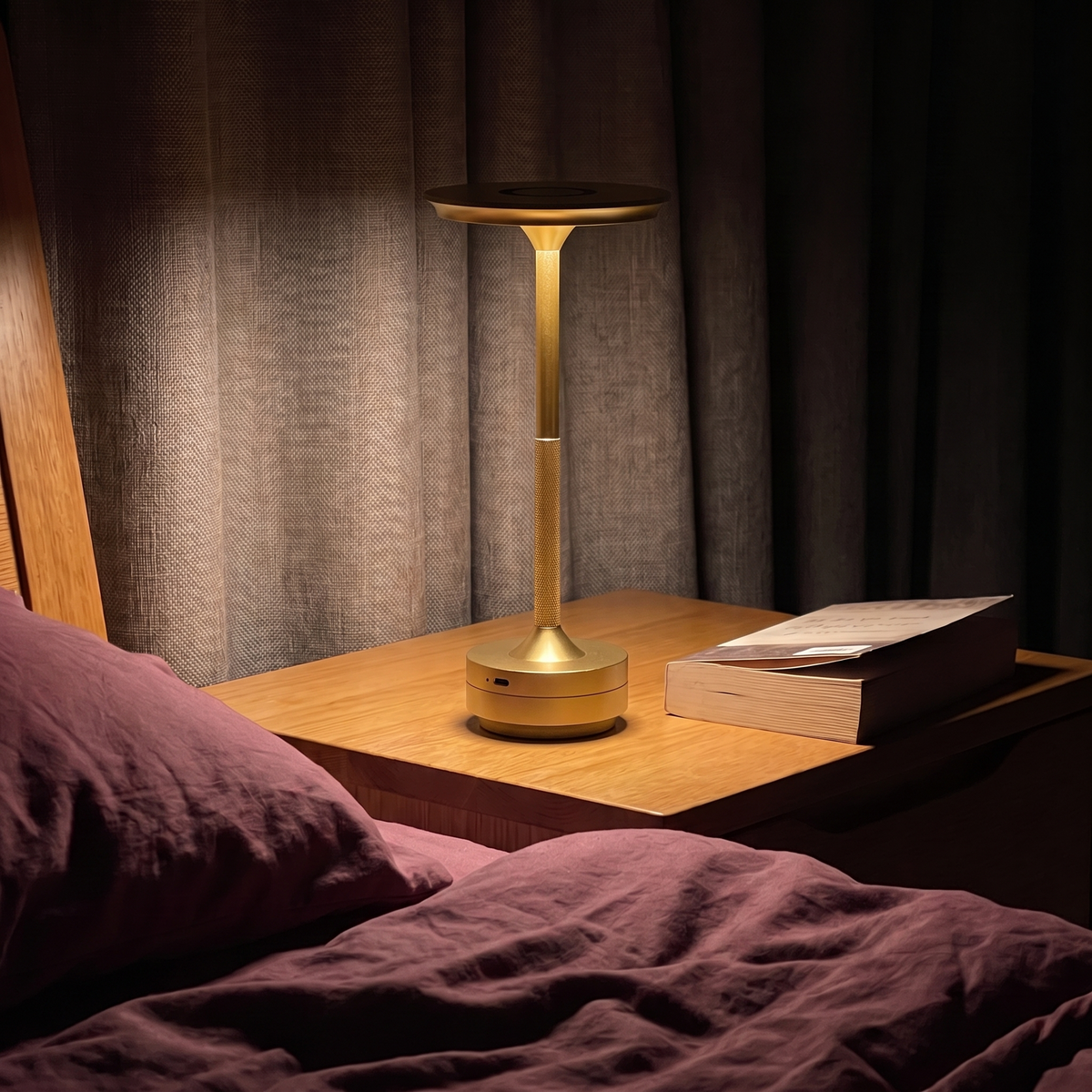 Bright gold Halo Disc table lamp on a bedroom side table