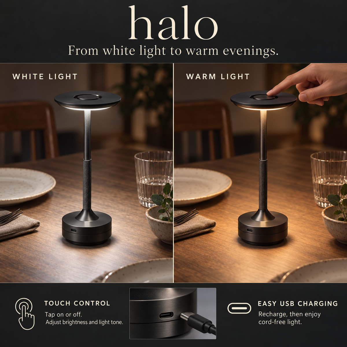 Halo Black comparing white and warm light with touch control and USB charging