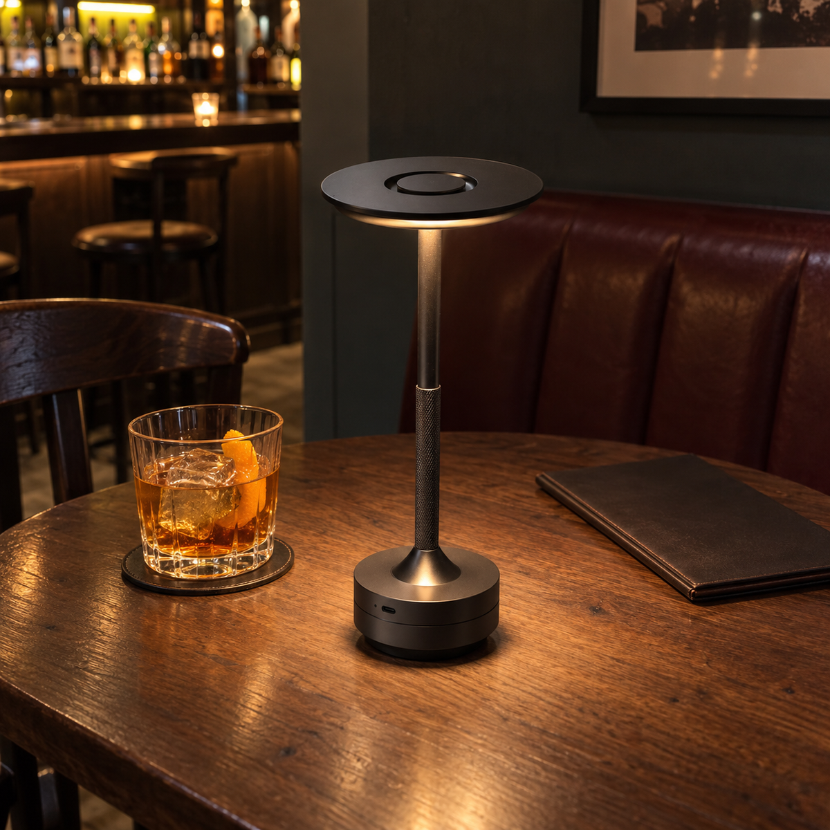 Halo in Gunmetal Black on a bar table with a cocktail and seating