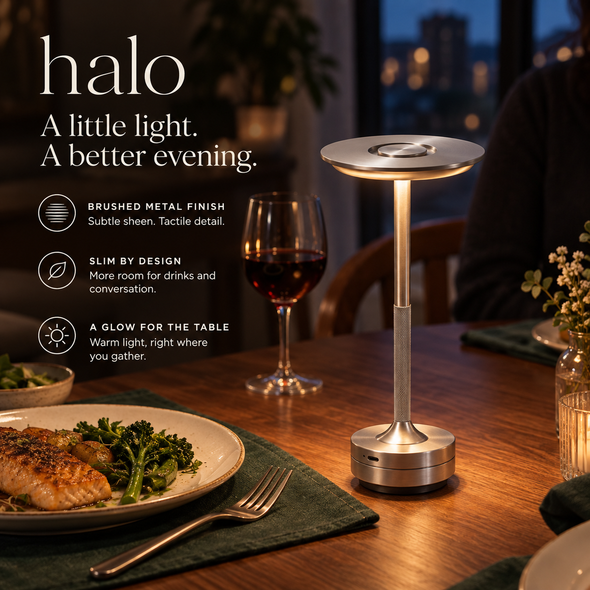 Halo Silver infographic highlighting brushed finish, slim design and dining-table glow