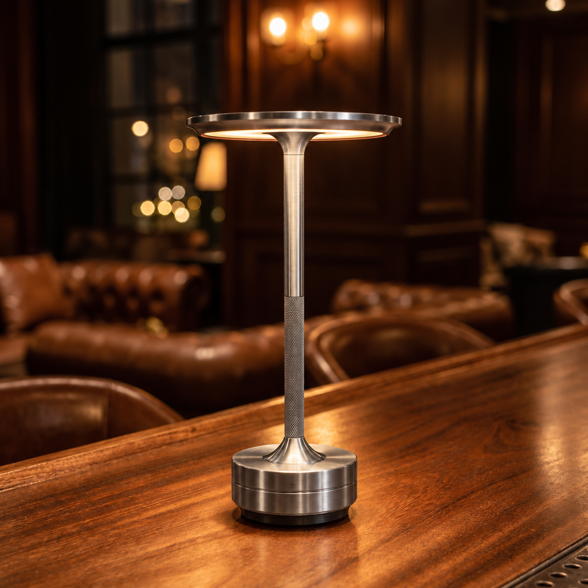 Halo in Silver casting warm light on a wooden bar counter