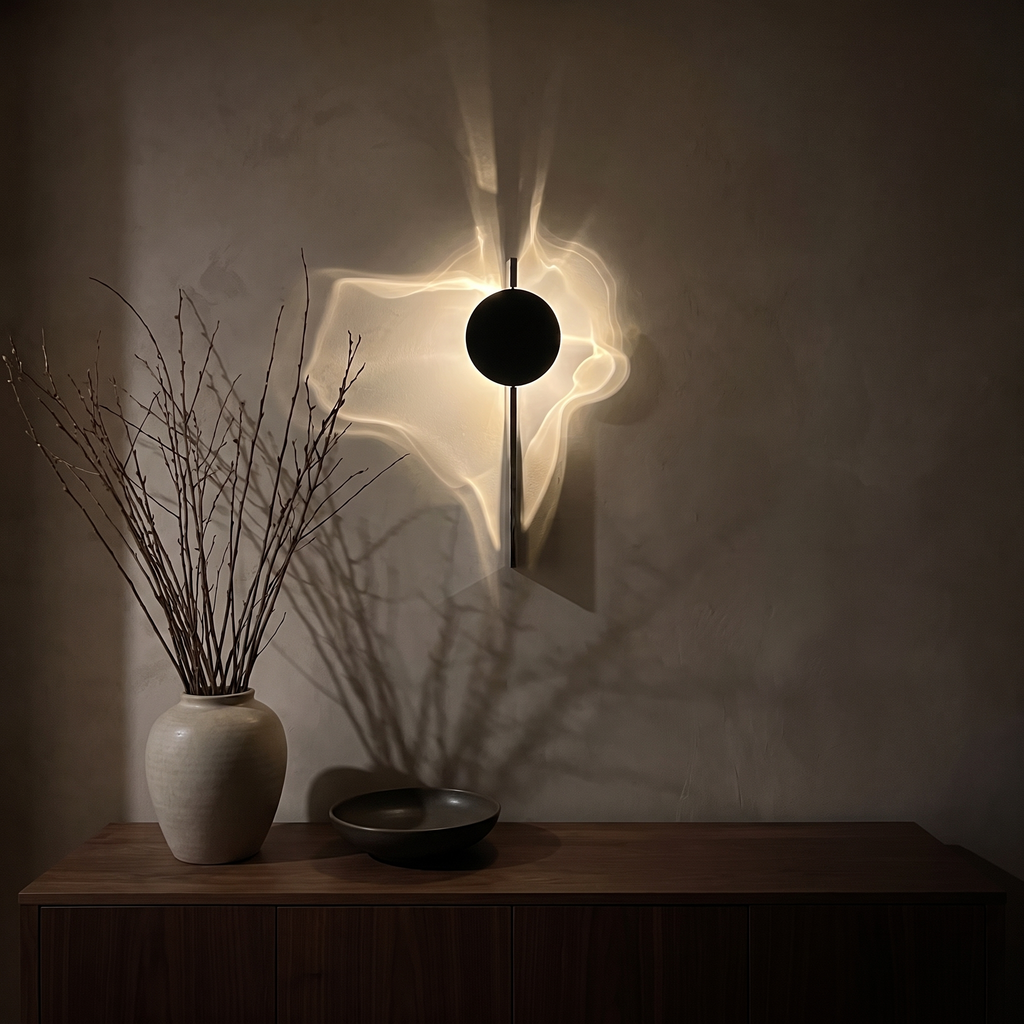 Vellum black wall sconce lit above a bed, warm 2700K light washing a plaster wall