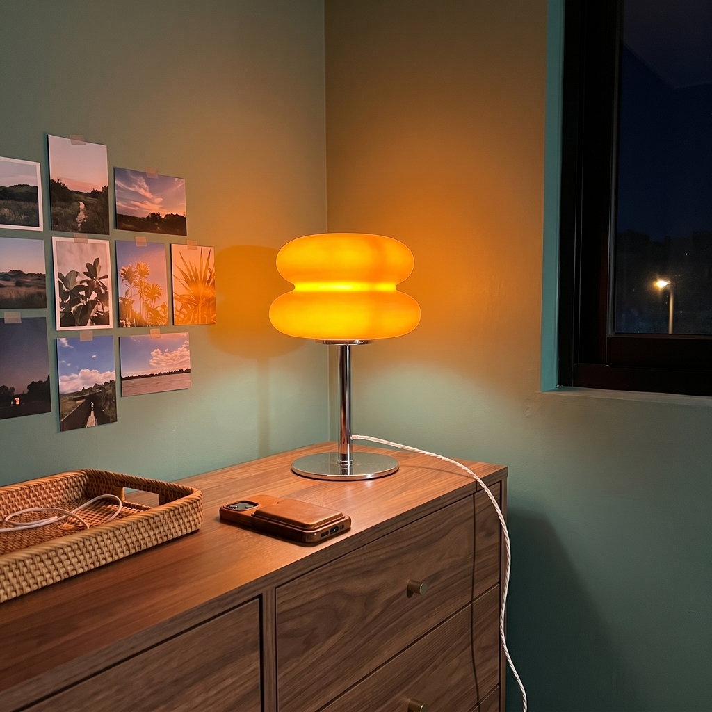 Orange Cumulus table lamp lit on a walnut chest of drawers at night