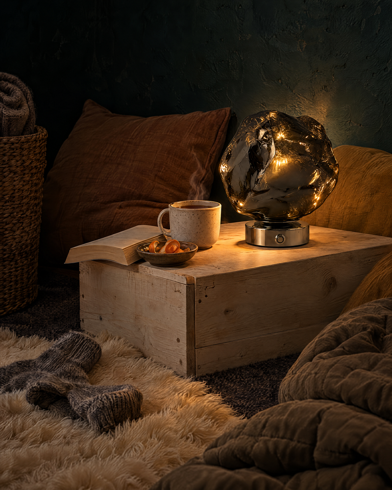 Glacia rock-cut glass table lamp in smoke gray, lit on a low wooden crate in a floor-level cushion nook at night