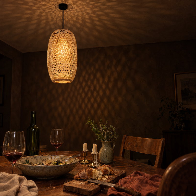 Tessera woven bamboo pendant hanging over a dining table after dinner, warm light through the bamboo weave
