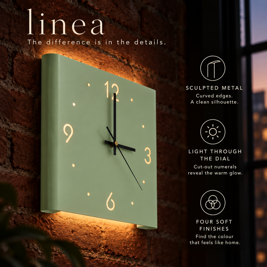 Light Green Linea close-up showing curved metal edges, warm light through cut-out numerals and four available finishes.