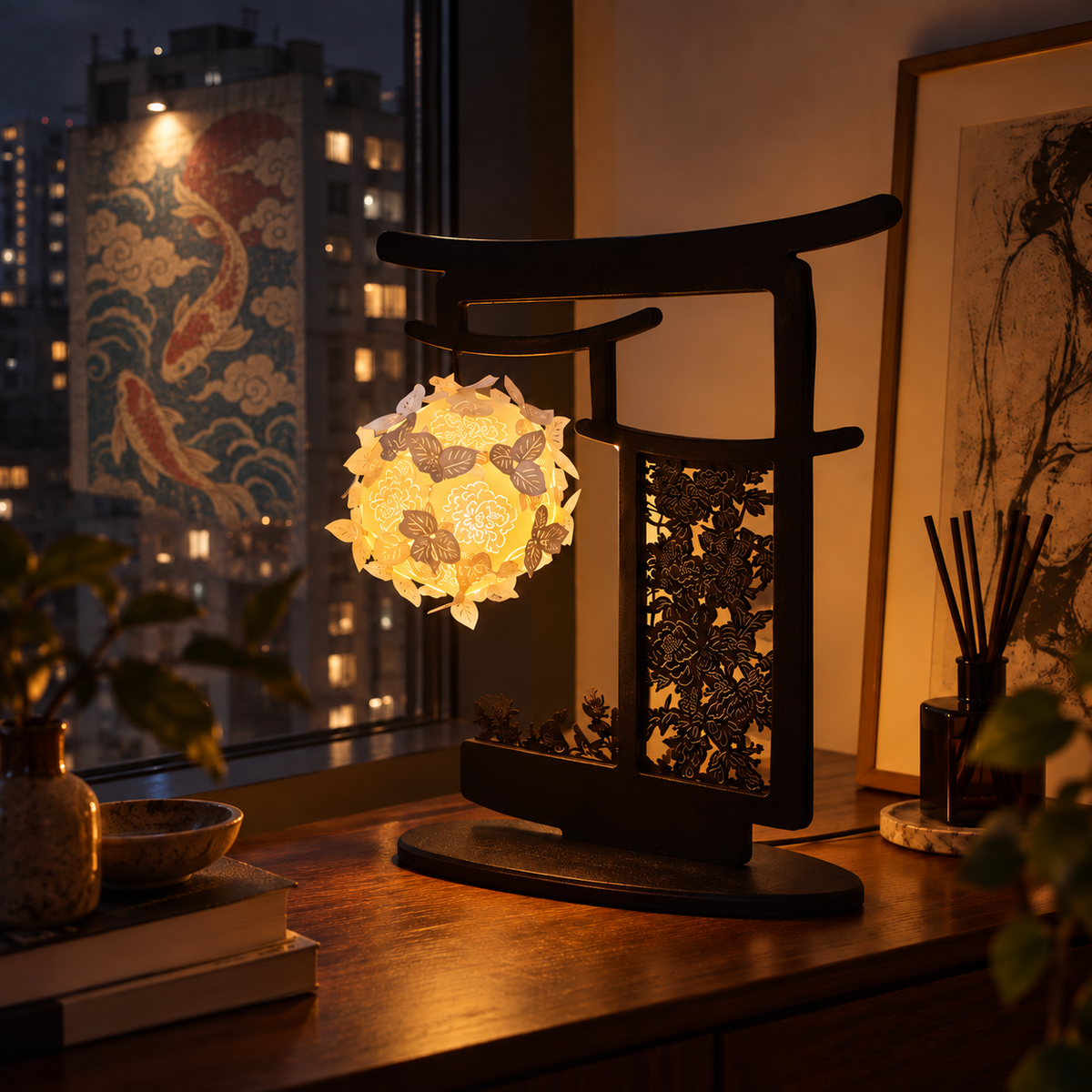 Liora Floral Gate paper-cut lantern in a warm apartment corner overlooking the city