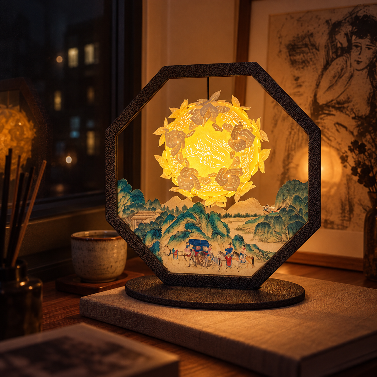 Liora Landscape paper-cut lantern with a warm glowing centre and illustrated mountain scene