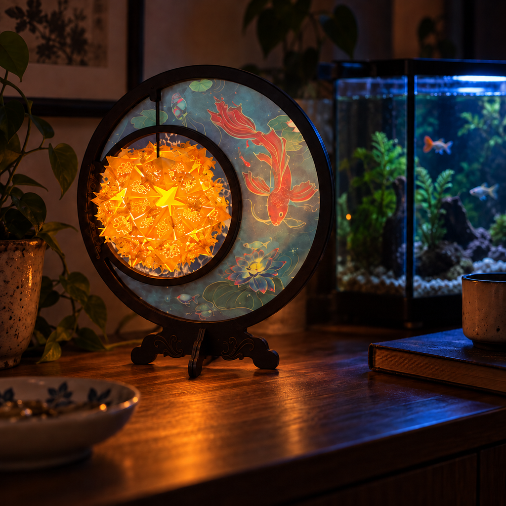 Liora Lotus and Koi paper-cut lantern on crossed support feet beside an aquarium