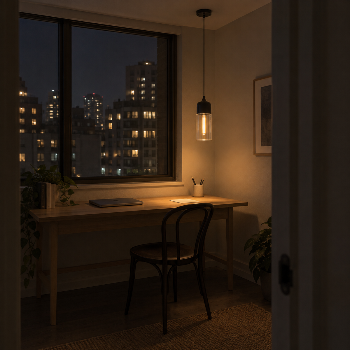 Lucerna Tall pendant, narrow clear glass shade under a black cap, hanging over a desk at night