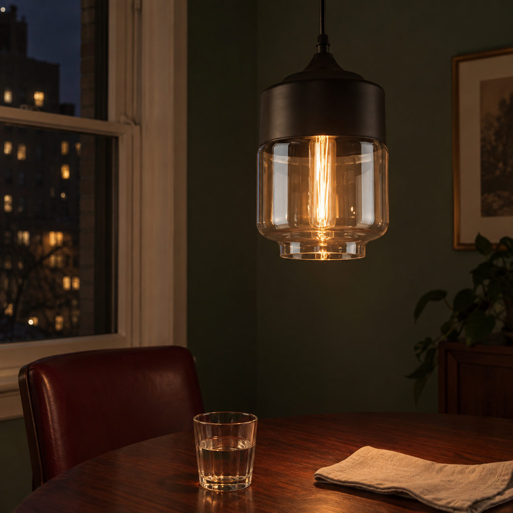 Lucerna Wide pendant, clear glass shade under a black cap with a warm filament bulb, over a dining table