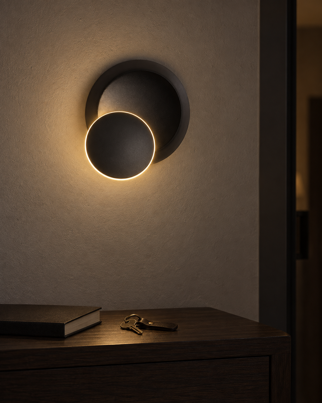Black Luna wall light above an entryway console