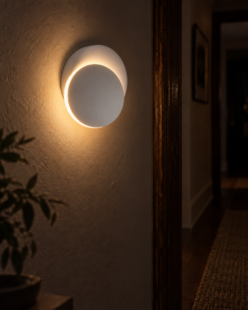 White Luna wall light in a softly lit hallway