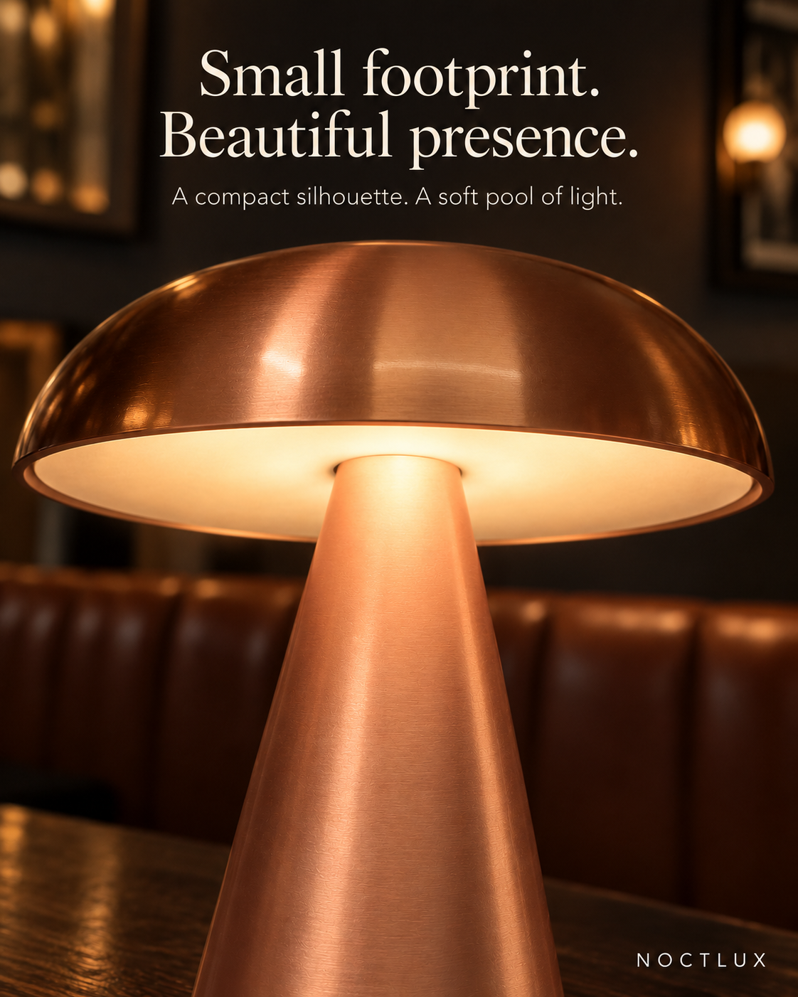 Close view beneath Morel's curved rose shade showing its tapered body and warm light.