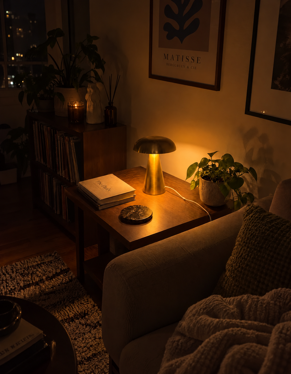 Morel Gold mushroom table lamp casting warm light on a wooden side table.