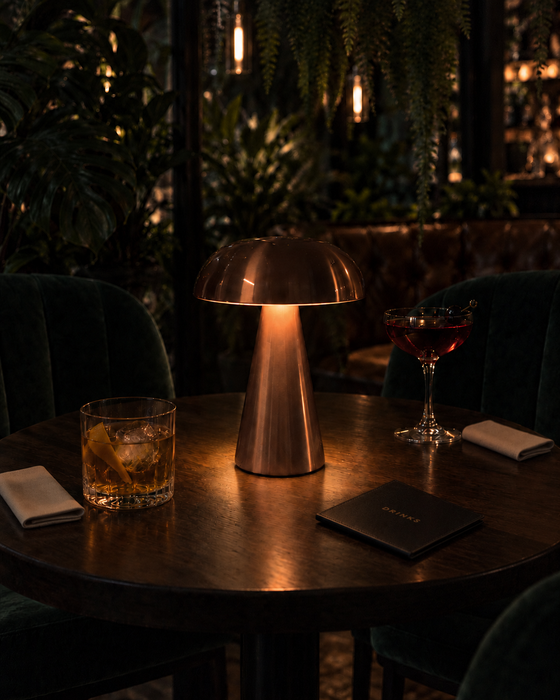 Morel Rose table lamp centred between cocktails in a dim botanical bar.