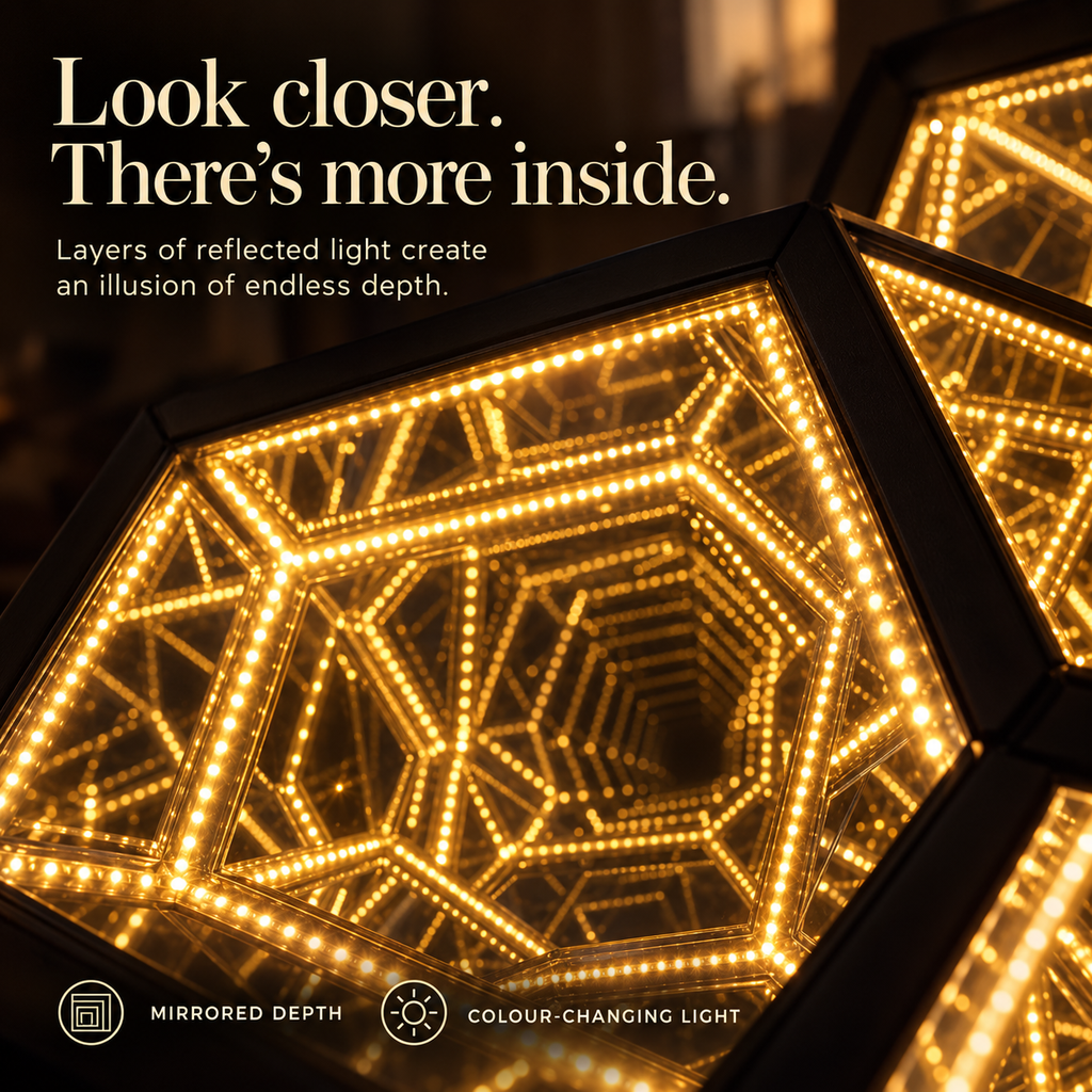 Extreme close-up of Aevum golden reflections and illusion of endless depth