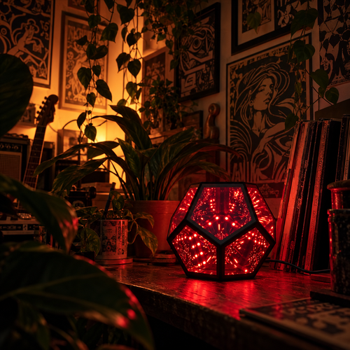 Aevum infinity mirror lamp glowing deep red in a dark music room