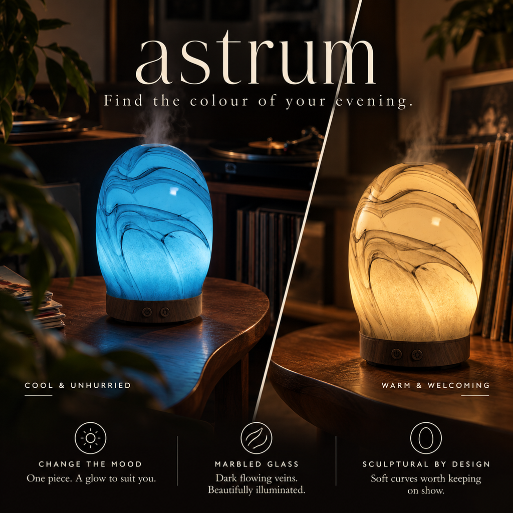 Astrum blue and gold colour settings with marbled glass and sculptural design benefits