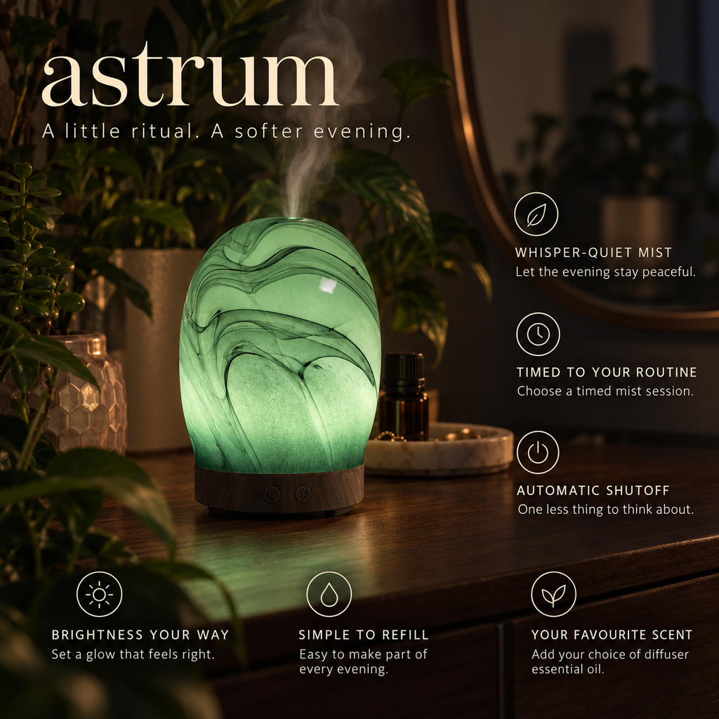 Astrum green glow with quiet mist, timed sessions, automatic shutoff, brightness, refill and fragrance benefits