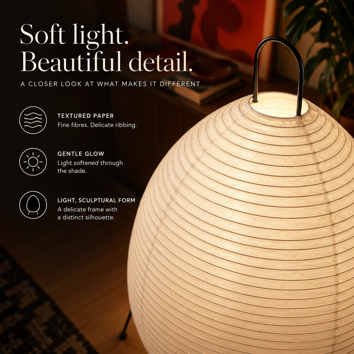 Close-up of Charta textured paper shade and fine frame