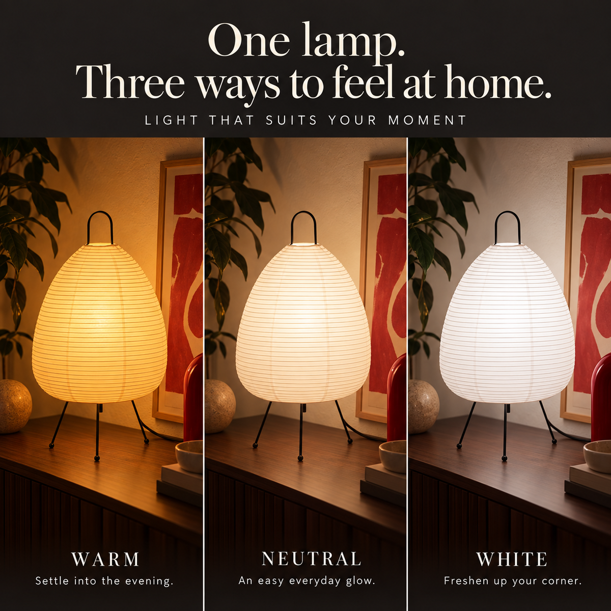 Charta warm, neutral and white light settings compared