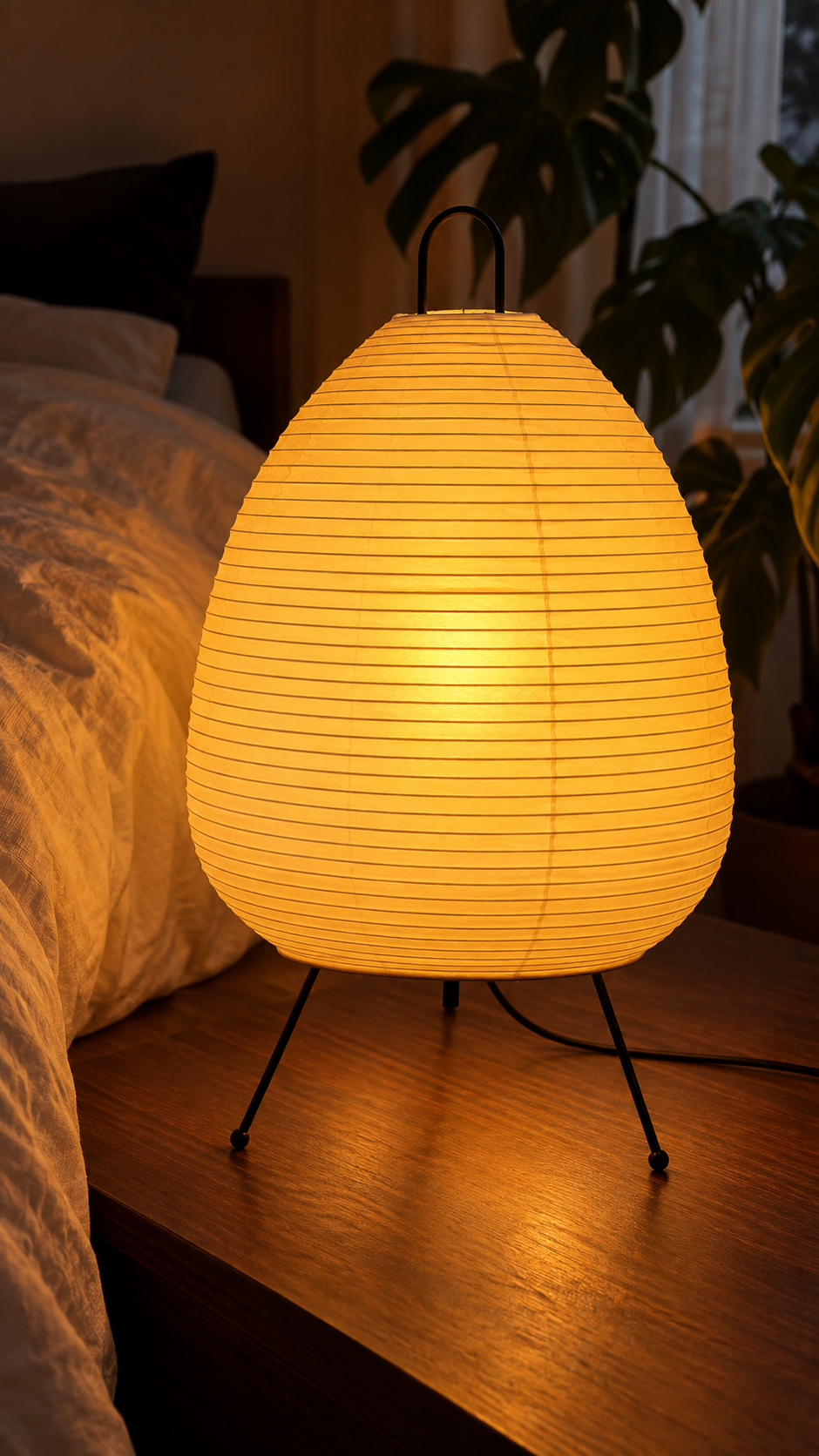 Close view of Charta paper lantern in its warm golden light setting