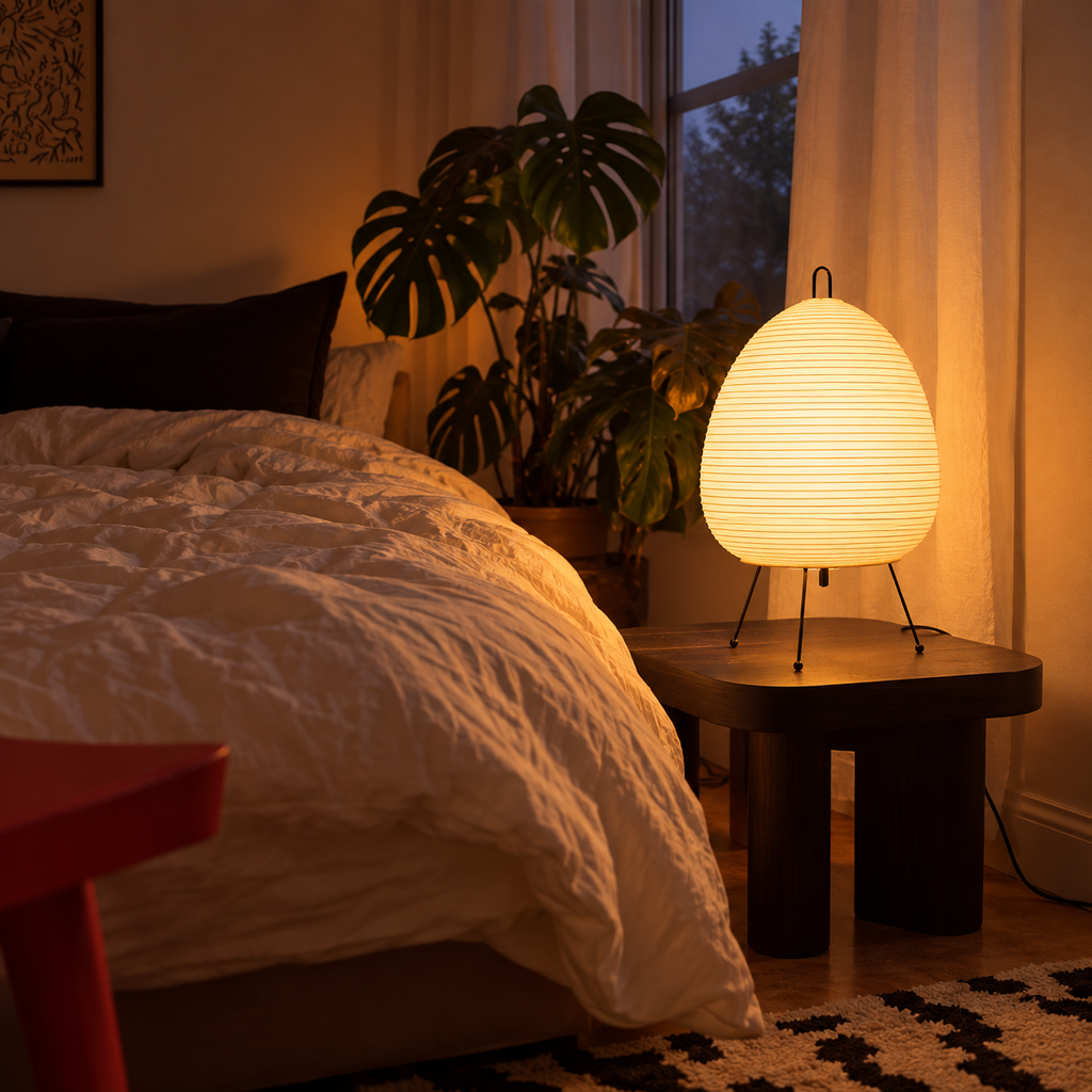 Charta paper lantern lamp beside a bed in a softly lit room