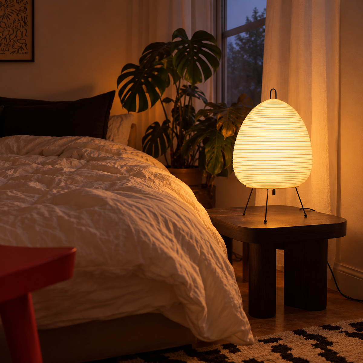 Charta paper lantern lamp beside a bed in a softly lit room