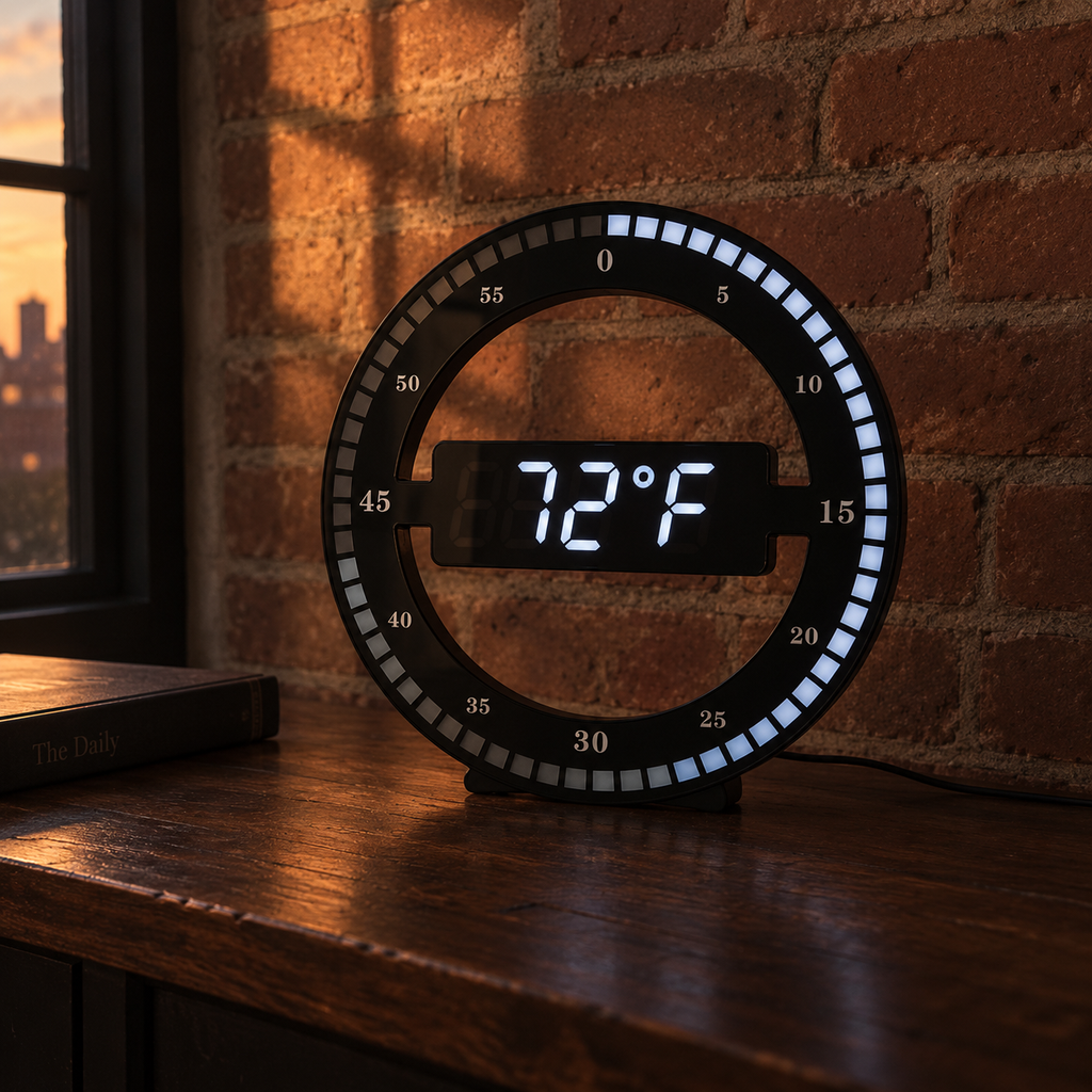 Circa on its tabletop stand showing room temperature in Fahrenheit