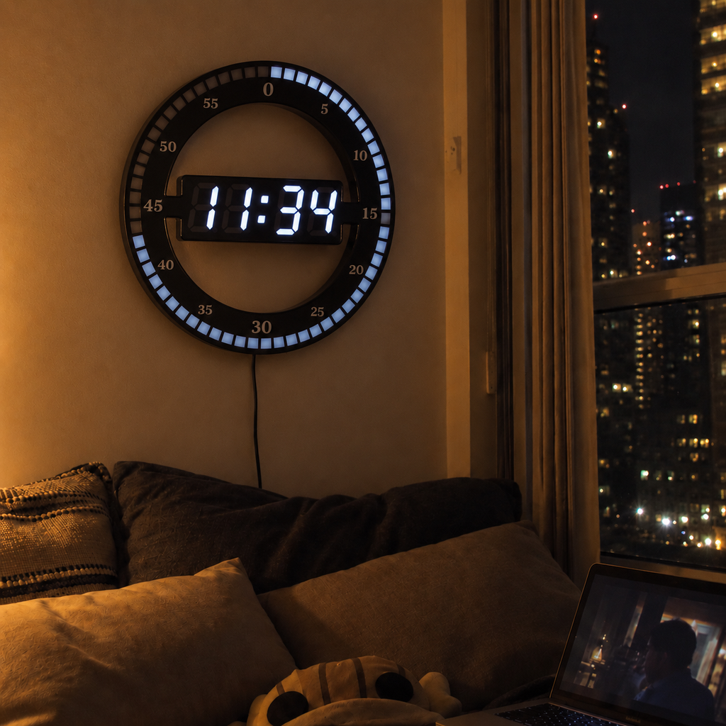 Circa black LED ring clock showing 11:34 on an apartment wall at night