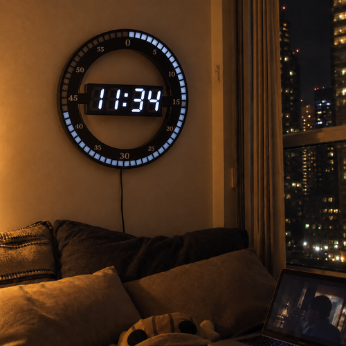 Circa black LED ring clock showing 11:34 on an apartment wall at night