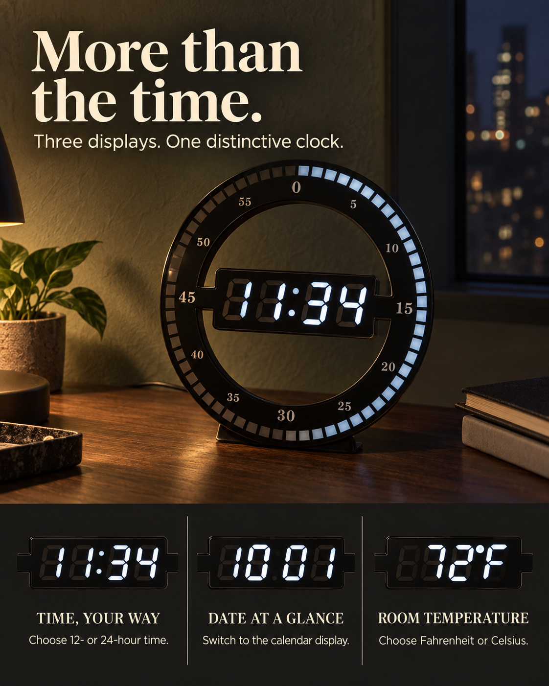 Circa time, date and temperature display modes with 12 or 24 hour time and Fahrenheit or Celsius