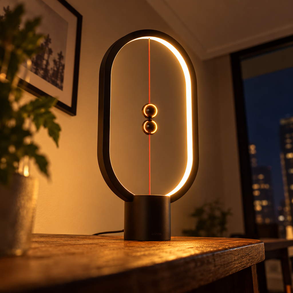 Low-angle close-up of Libra Black with illuminated inner frame and magnetic balls