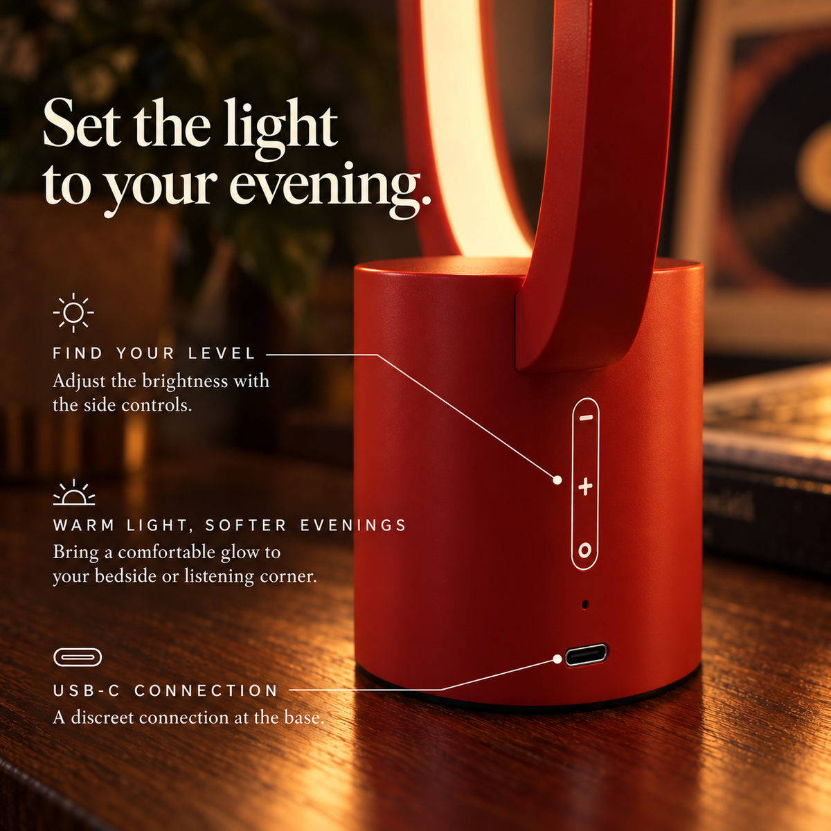 Libra Red side brightness controls and USB-C connection close-up