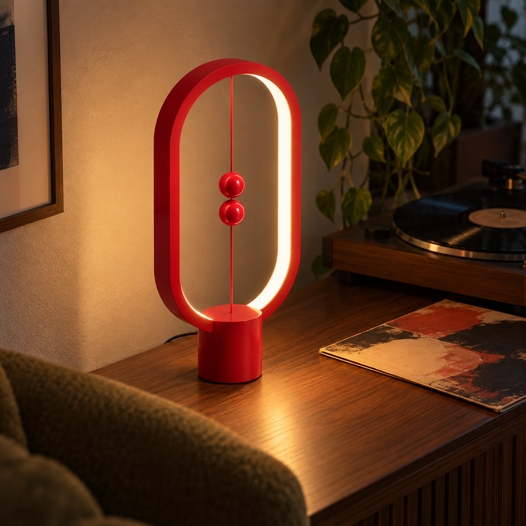 Libra Red magnetic balance lamp in a softly lit room