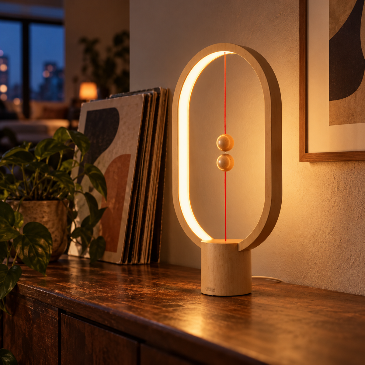 Libra Wood magnetic balance lamp glowing beside records in an evening room