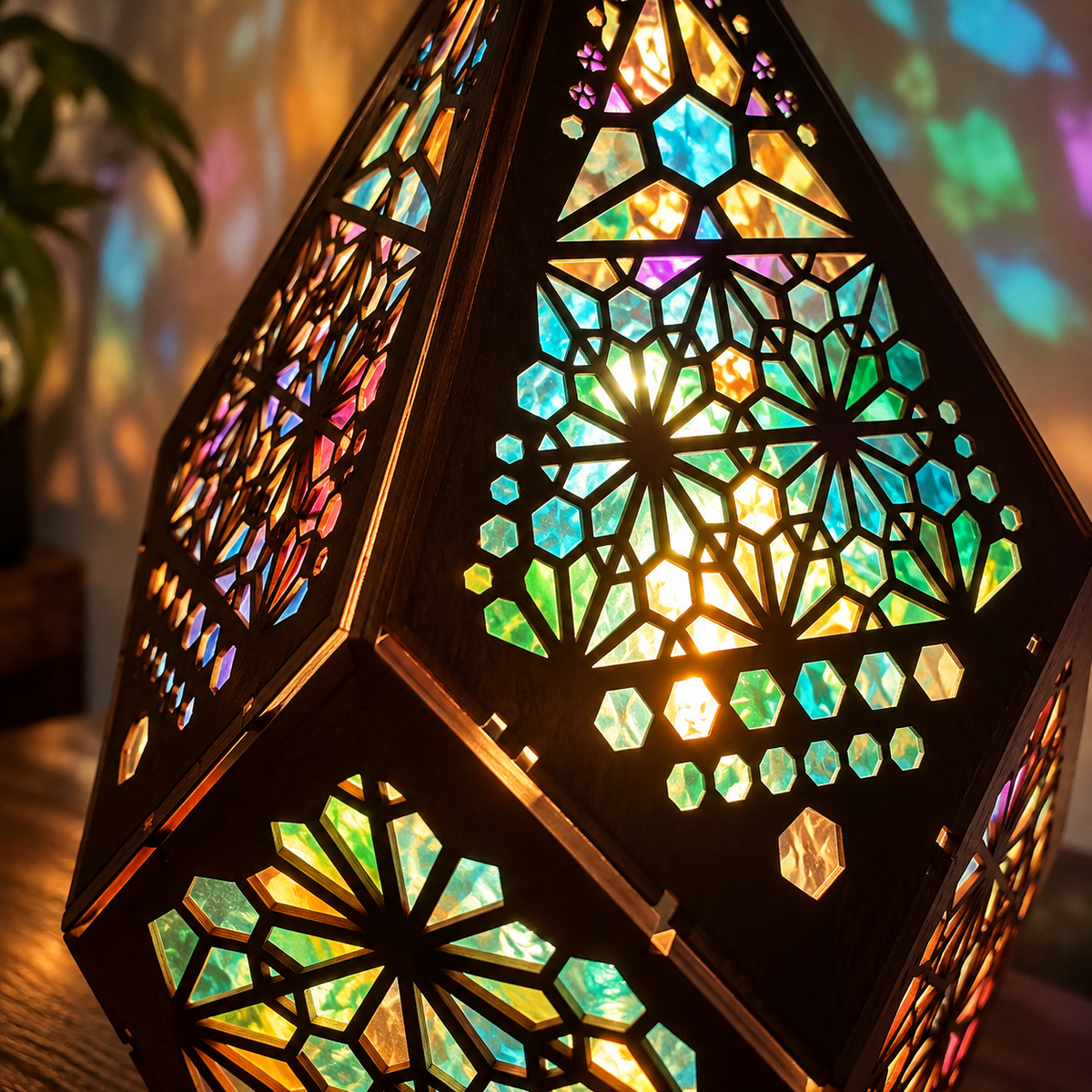 Angled close-up of Mosa’s geometric lattice and stained-glass look