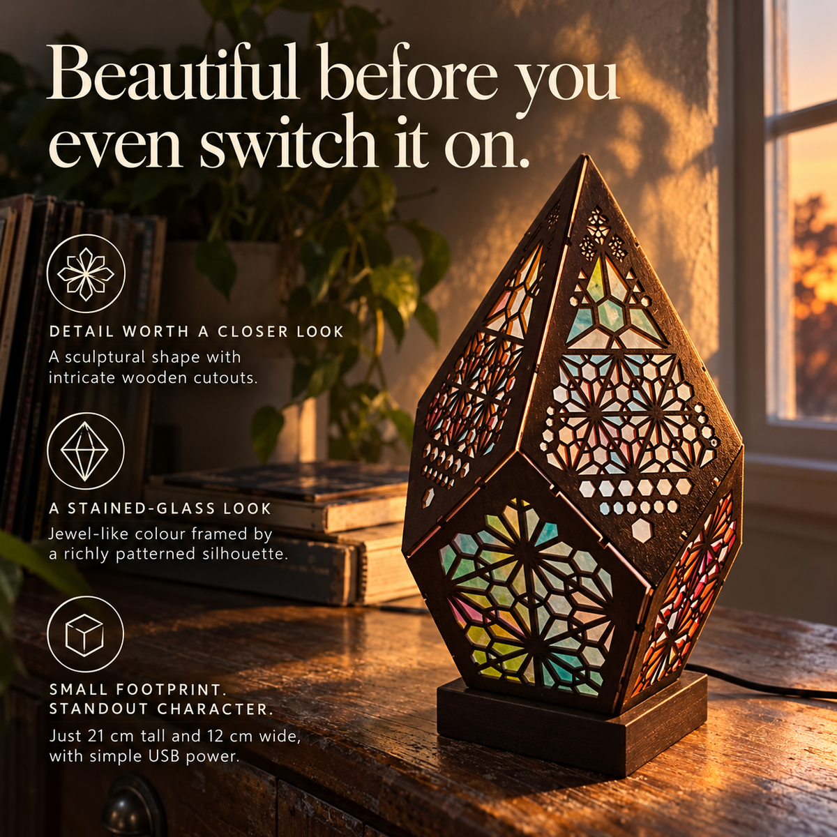 Mosa wooden lattice and coloured panels in evening light