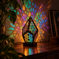 Mosa compact bohemian lantern with colourful translucent panels and patterned light in a dark room